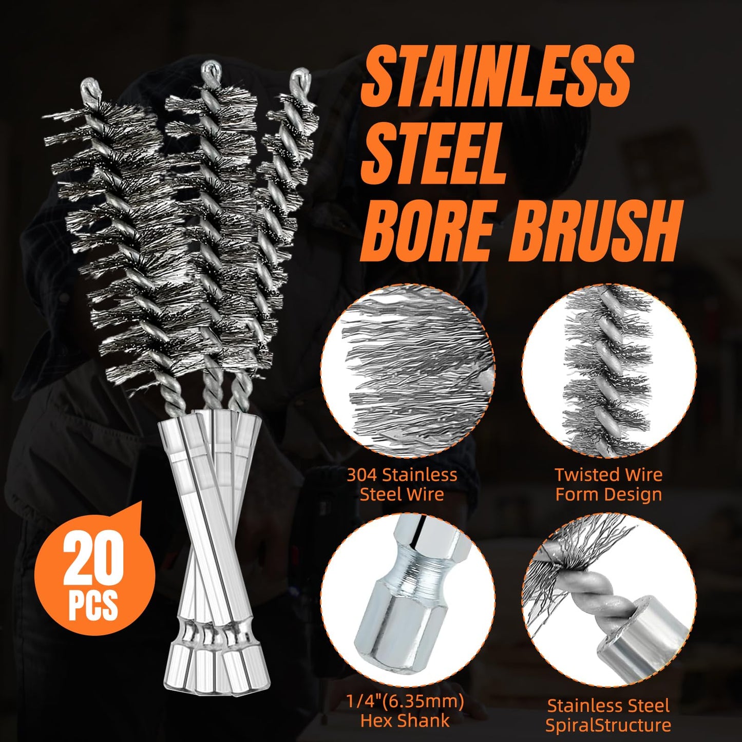 20pcs Wire Bore Brush Set with，Wire Brush for Drill，with 1/4 Hexagonal Handle, for Electric Drill; Metal Rust-Proof Cleaning Hole Brush，Electric Drill Cleaning and polishing Tools