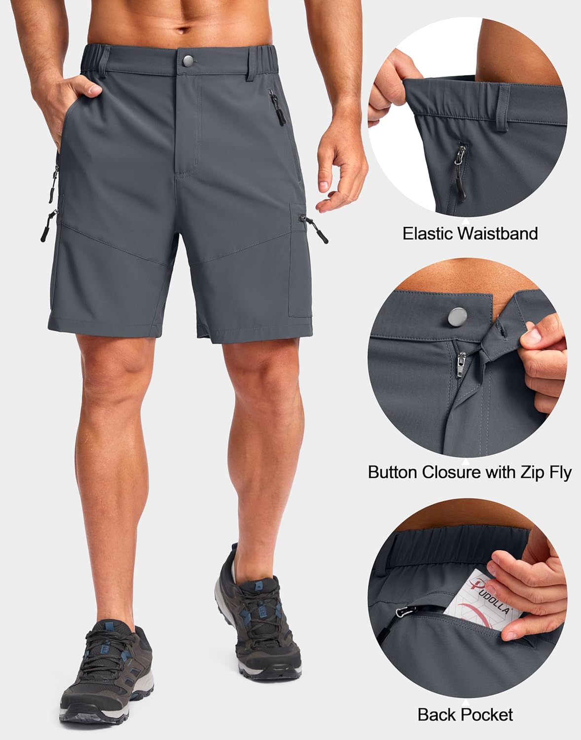 Pudolla Men's Hiking Cargo Shorts - Lightweight Outdoor Shorts with 5 Zipper Pockets | 9"/7"/11" Sizes