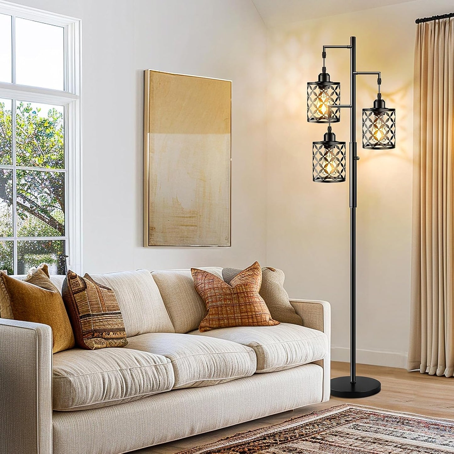 Industrial Farmhouse Dimmable Floor Lamp - 68” Tall Standing Light with Metal Cage for Living Room, Bedroom, Office - 2000LM LED Bulbs Included