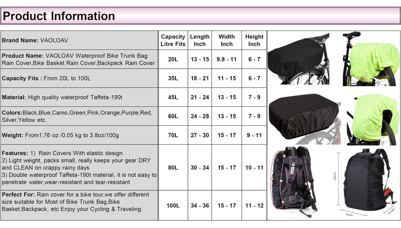 VAOLOAV 35L Bicycle Basket Waterproof Rain Cover with Reflective Strip Bicycle Rear Rack Rain Cover Black