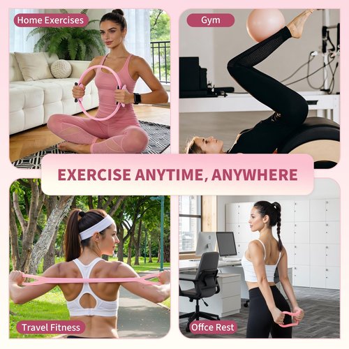 FITOUNOS Pilates Ring Set for Women, Home Workout Pilates Equipment with Resistance Bands, 14'' Magic Circle, Mini Ball, Pilates Starter Kit for Strength (Pink)