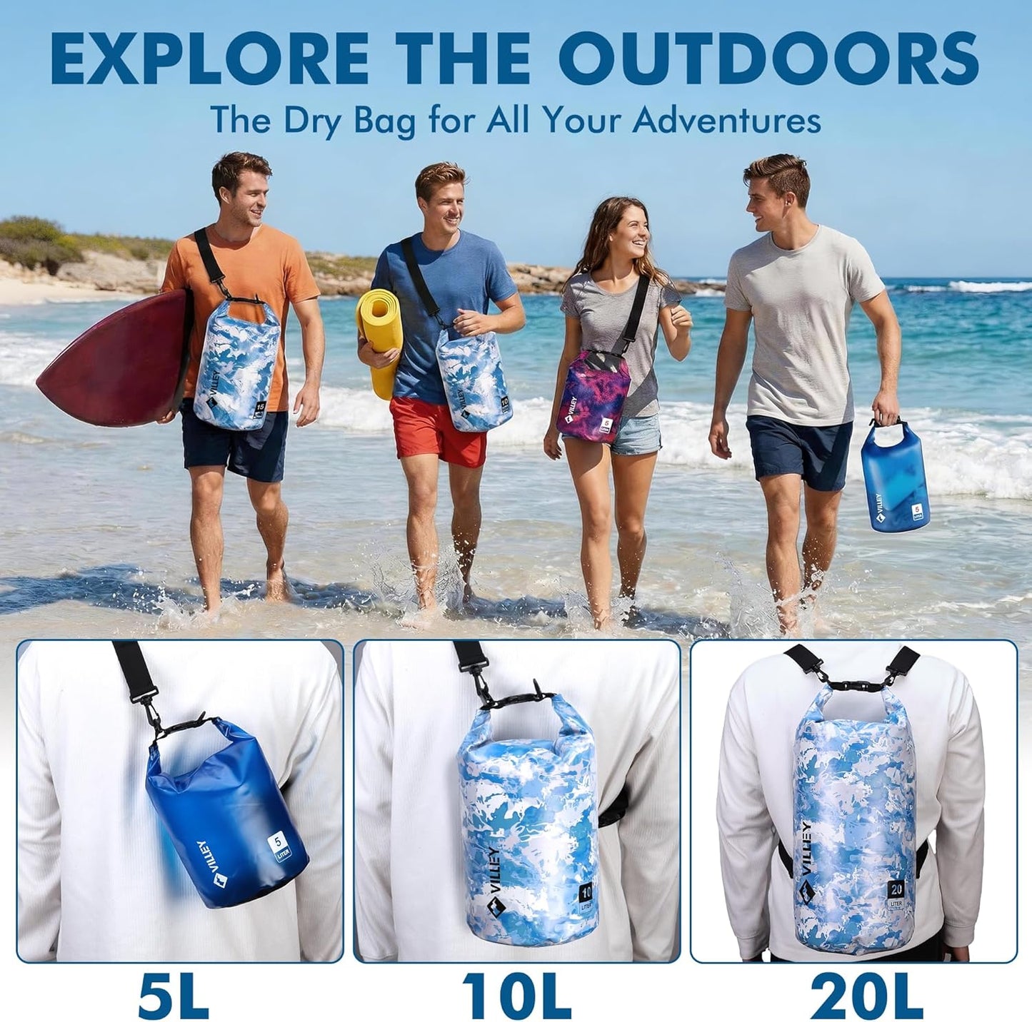 VILLEY Waterproof Dry Bag - 5L Roll Top Backpack for Kayaking, Camping & Beach - Blue Transparent