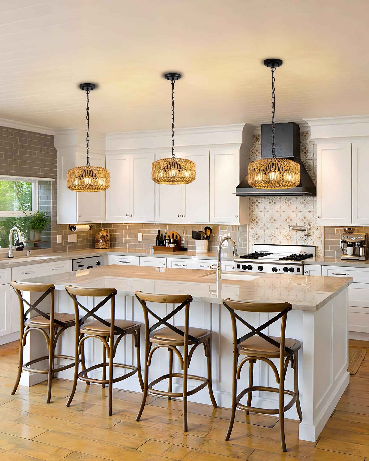 Boho Rattan Chandelier, 3-Lights Farmhouse Hanging Pendant Light, 11.8" Rustic Wicker Woven Chandeliers for Living Room, Kitchen Island(No E26 Bulbs, Not Exceeding 4.3")