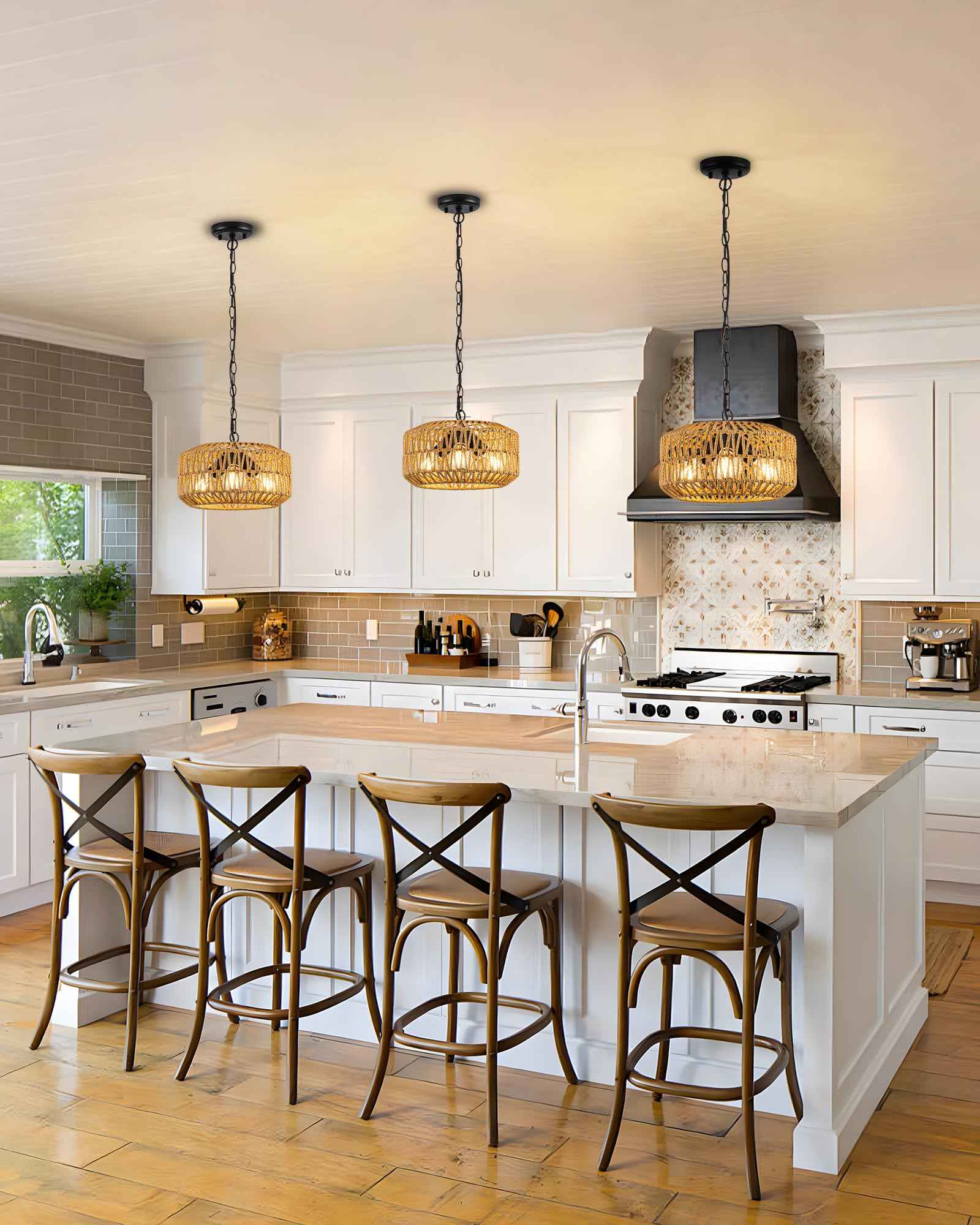 Boho Rattan Chandelier, 3-Lights Farmhouse Hanging Pendant Light, 11.8" Rustic Wicker Woven Chandeliers for Living Room, Kitchen Island(No E26 Bulbs, Not Exceeding 4.3")