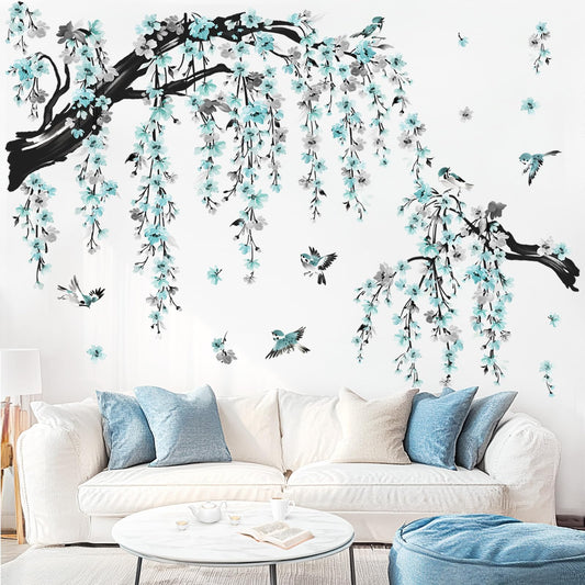 wondever Large Watercolor Flower Branch Wall Stickers Blue Blossom Tree Branches Peel and Stick Wall Art Decals for Living Room Bedroom TV Wall