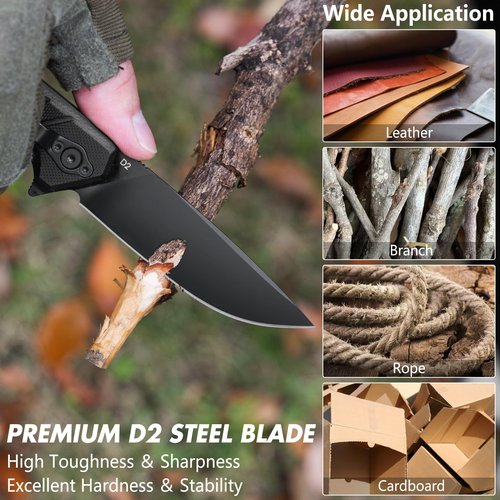 FLISSA Pocket Knife, 3.2" D2 Blade G10 Handle EDC Knife with Pocket Clip for Hunting, Camping, Survival, Outdoor Activities(Black)