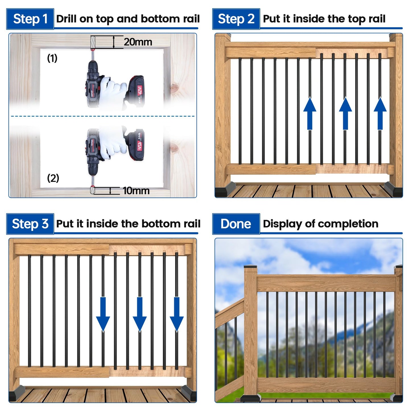 Muzata 50Pack 26" Aluminum Deck Balusters Round Black Deck Railing Stair Porch Staircase Spindles 3/4" Diameter Hollow for Railing Fencing Porch Stair WT02