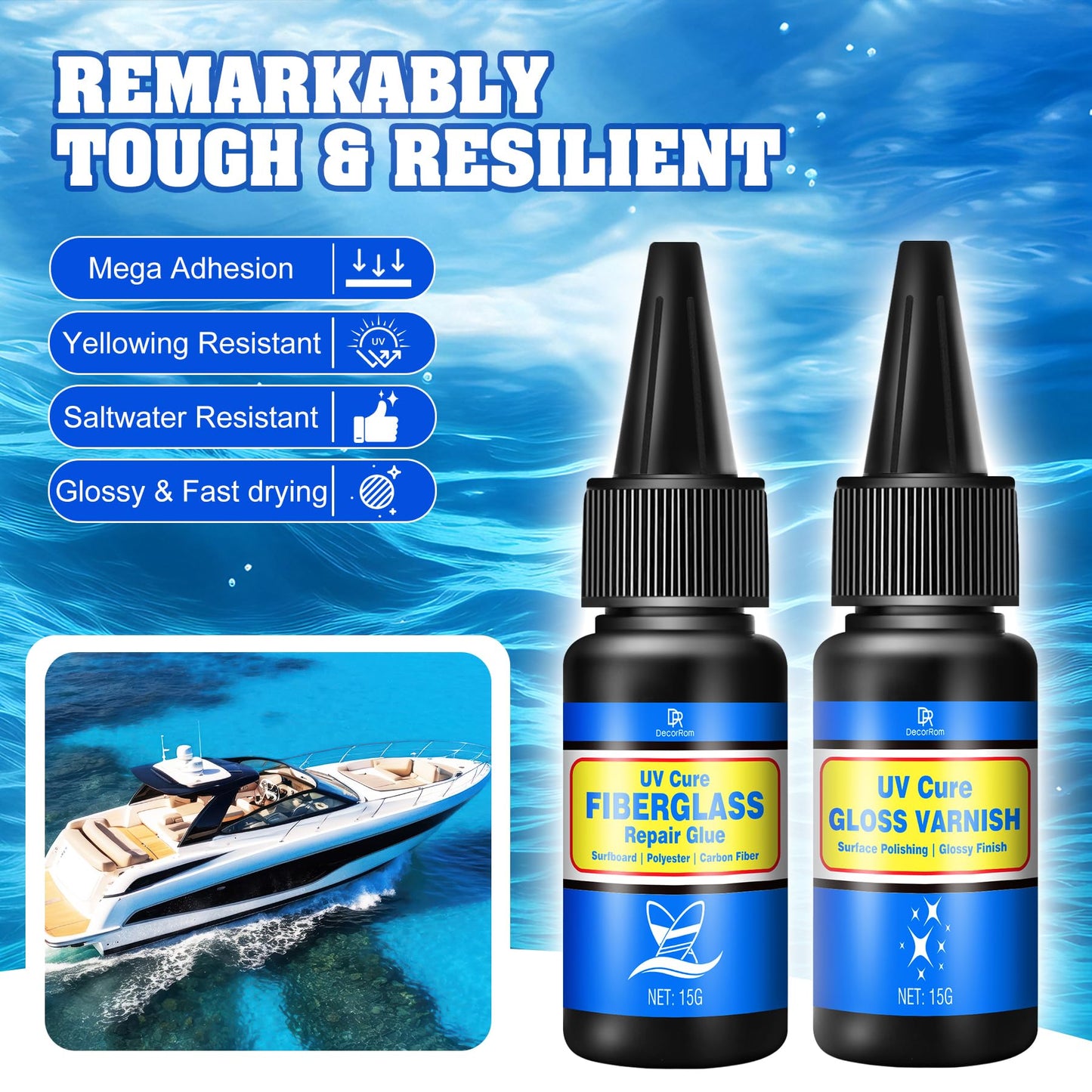 Fiberglass Boat Repair Kit with UV Light, Clear Surfboard Repair Kit , Mega Adhesion Fast Drying for Carbon Fiber, Polyester Fiber - Ideal for Repairing Cracks, Holes in Boat Jetski Yacht & Sailboats
