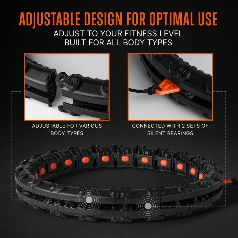 SQUATZ Weighted Smart Hula Hoop - Exercise Hoop with 5 Resistance Bands, 2 Sets of Silent Bearings and Digital Fitness Program, Use for Lower and Upper Body Exercises, Great for Every Body Shape,Black