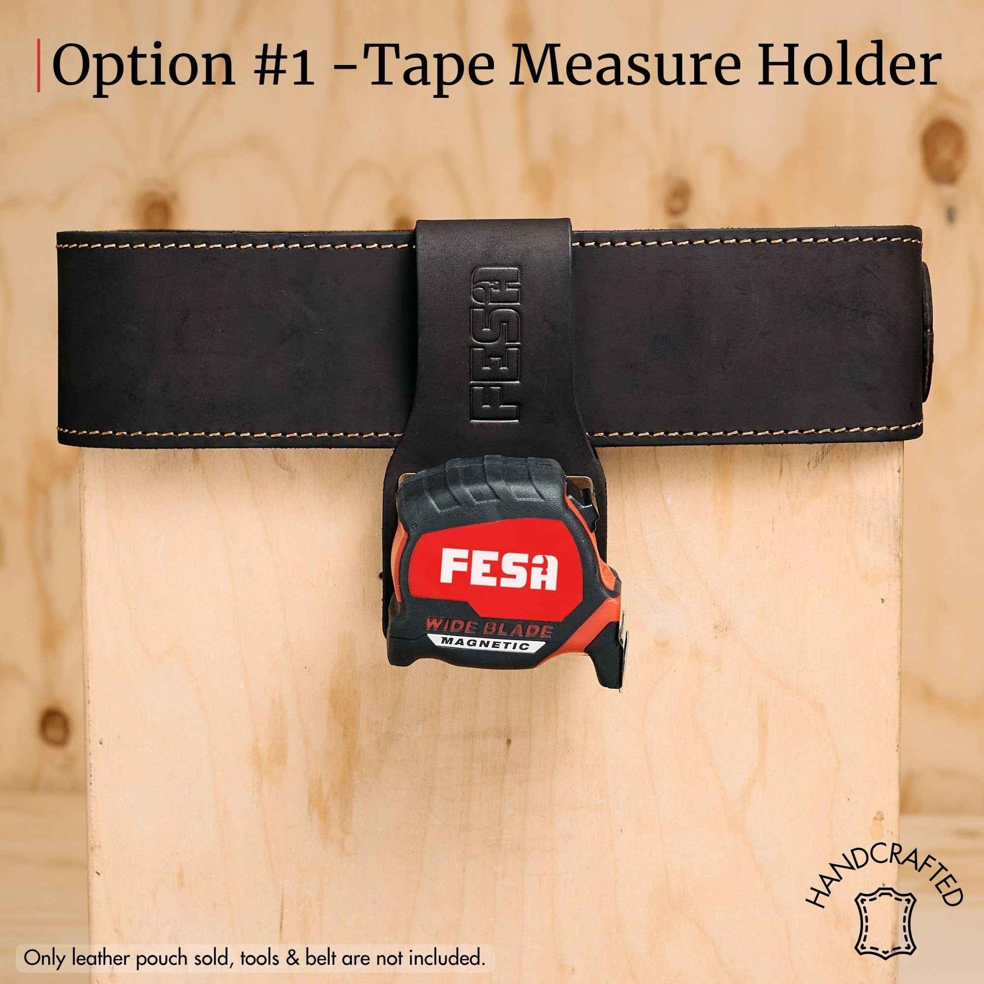 FESA Leather Tape Measure Holder - Top Grain Leather Measuring Tape Holder or Drill Holder for Tool Belt with Steel Clip & Reinforced Heavy Duty Rivets - Fits Belts up to 3" - Handcrafted (Brown)