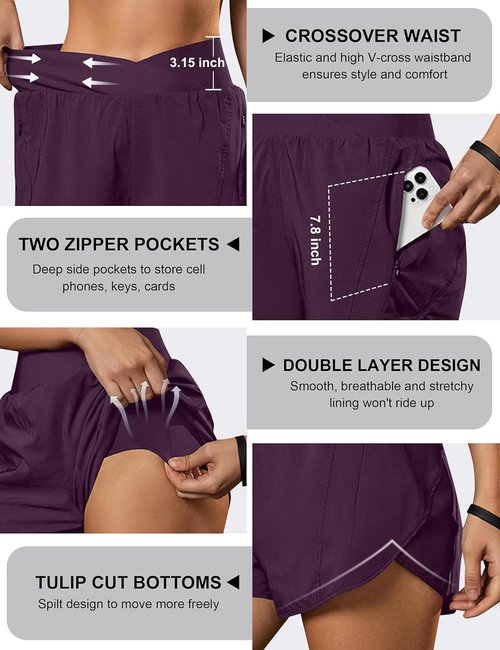 Blooming Jelly Women's High Waisted Athletic Running Shorts - Crossover Design with Zipper Pockets