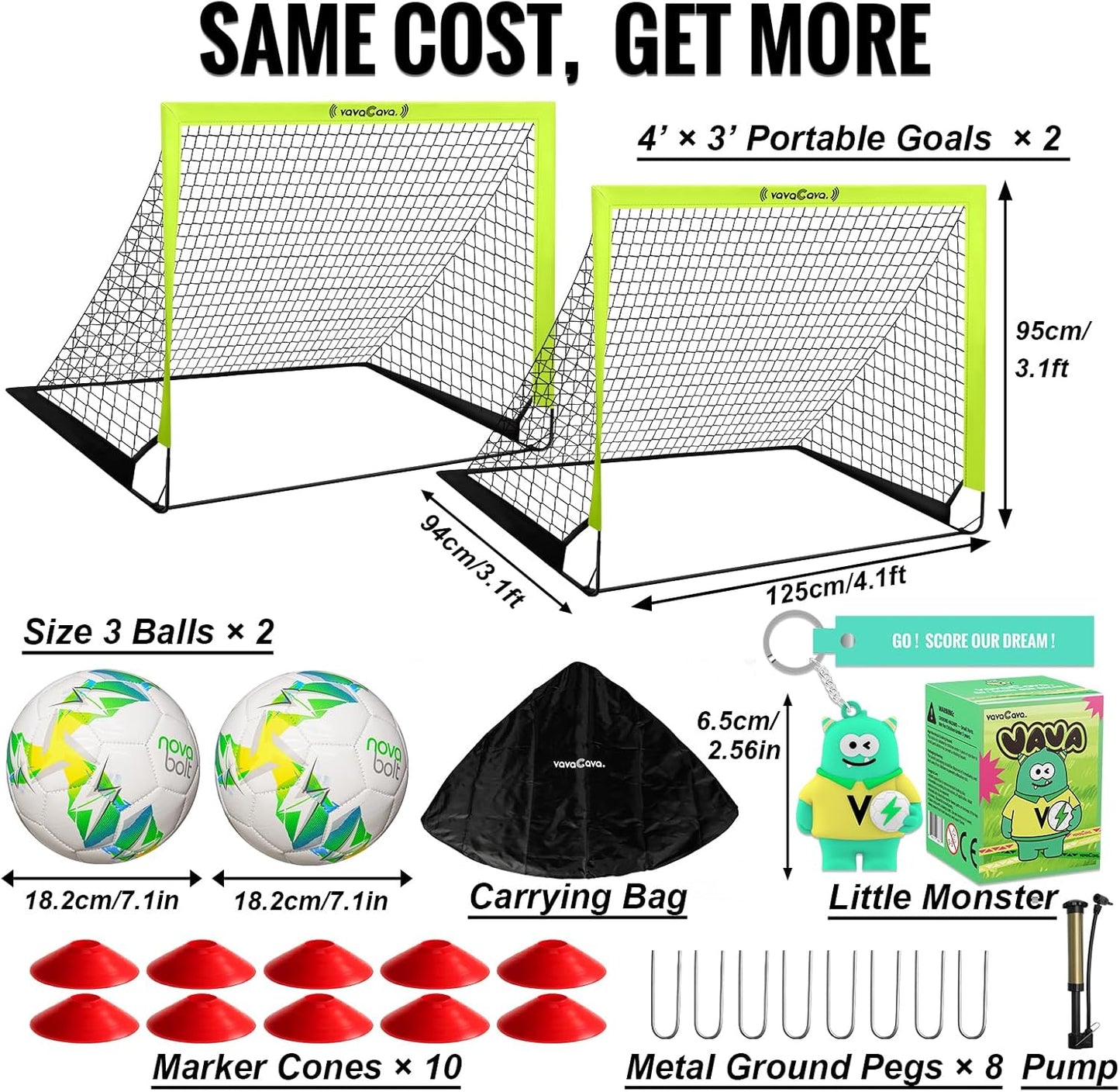 VavaCava Portable Soccer Goals Set - 4'x3' with 2 Nets, Balls, Cones & Pump | Perfect for Kids' Outdoor Fun