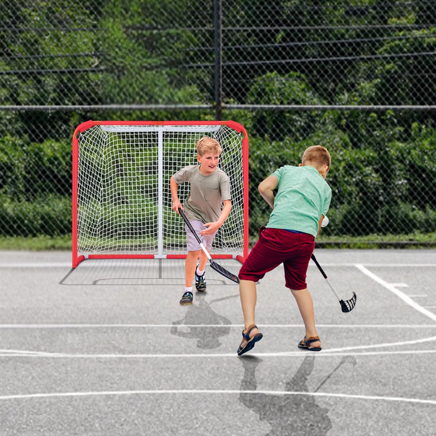 VEVOR Youth Street Hockey Net, Indoor Outdoor Steel Hockey Goal, Portable Lightweight Youth Street + Roller for Kids, Junior Training Goal Set with Net, Easy Assemble, 54" x 44", White/Red