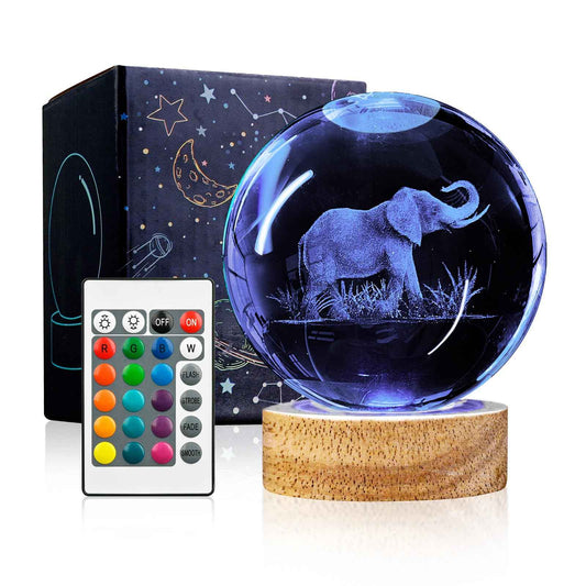 YYLZEPHB 3D Elephant Crystal Ball Night Light with Woodern Base, 3.15" Elephant Figurines Glass Lamp with 16 Colors Cool Desk Decor Elephant Gifts for Women Kids Friends Adults