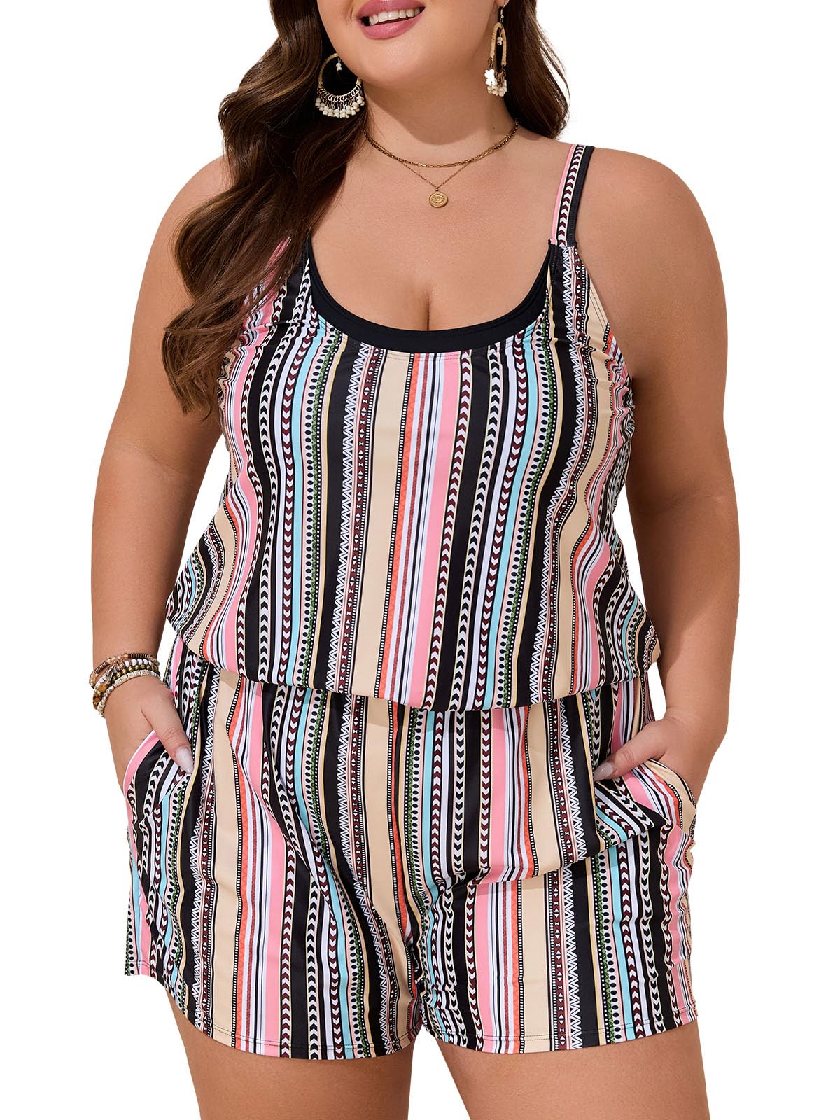 Summer Mae Plus Size Swim Romper Women One Piece Swimsuit Blouson Bathing Suit with Pockets 2026 Modest Swimwear Orange Bohemian 20 Plus
