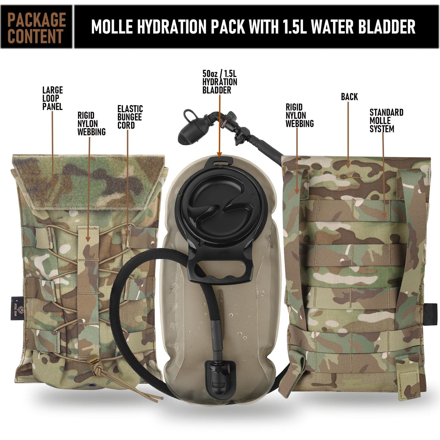 PETAC GEAR 1.5L / 3L Tactical Hydration Pack，Molle Carrier Pouch for 50 oz /100 oz Hydration Bladder Daypack Water Backpack.