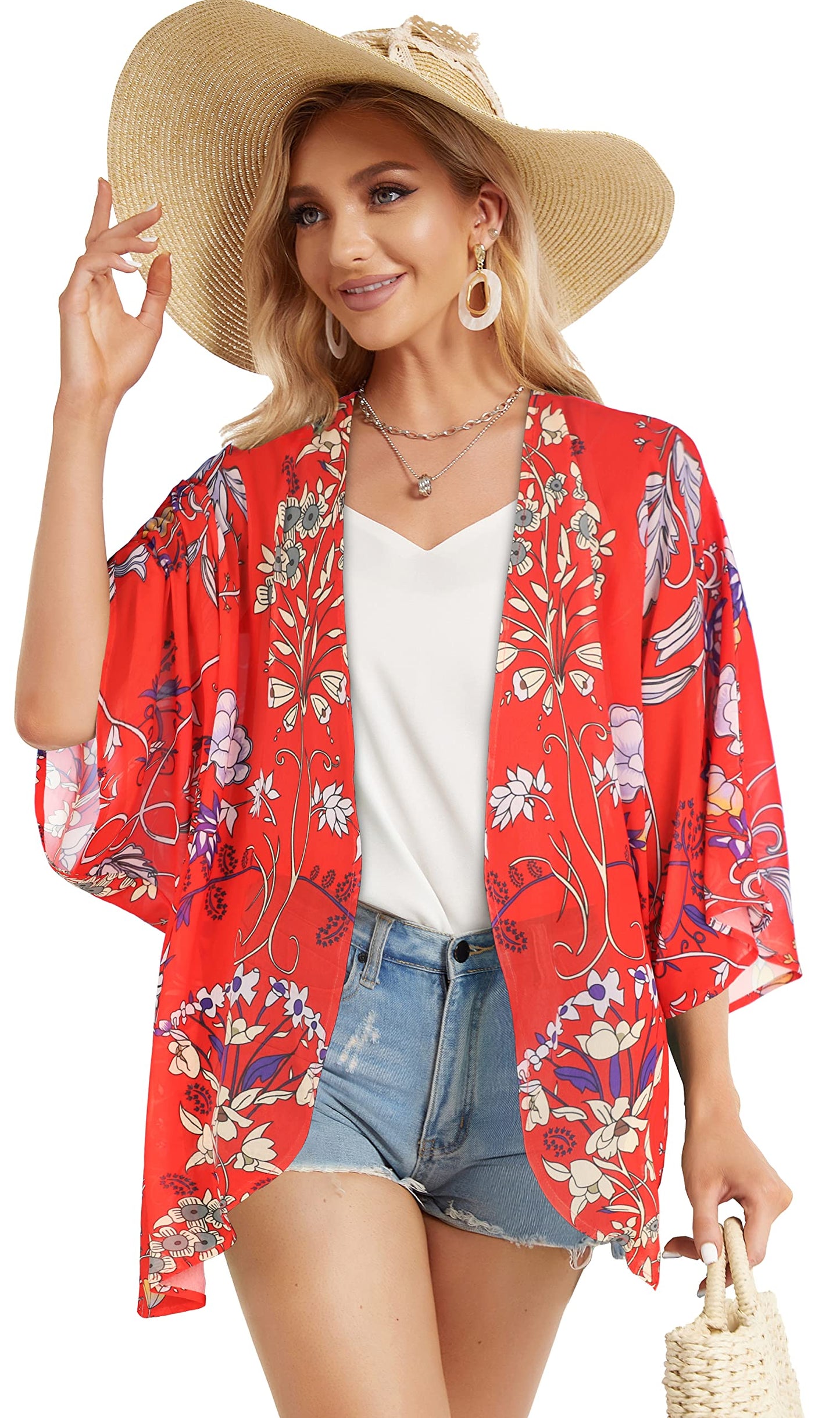 Summer Kimono Cardigan for Women Sheer Boho Tops Casual Open Front Swimwear Shirts Beach Cover ups (Boho Red,L)