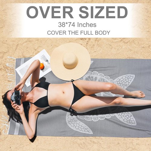 Genovega Oversized Cotton Turkish Beach Towels 72"x36" Lightweight Quick Dry Sandless Pool Swim Towel Large No Sand Adult Travel Compact Blanket Essentials Cruise Accessories Must Haves Grey Turtle