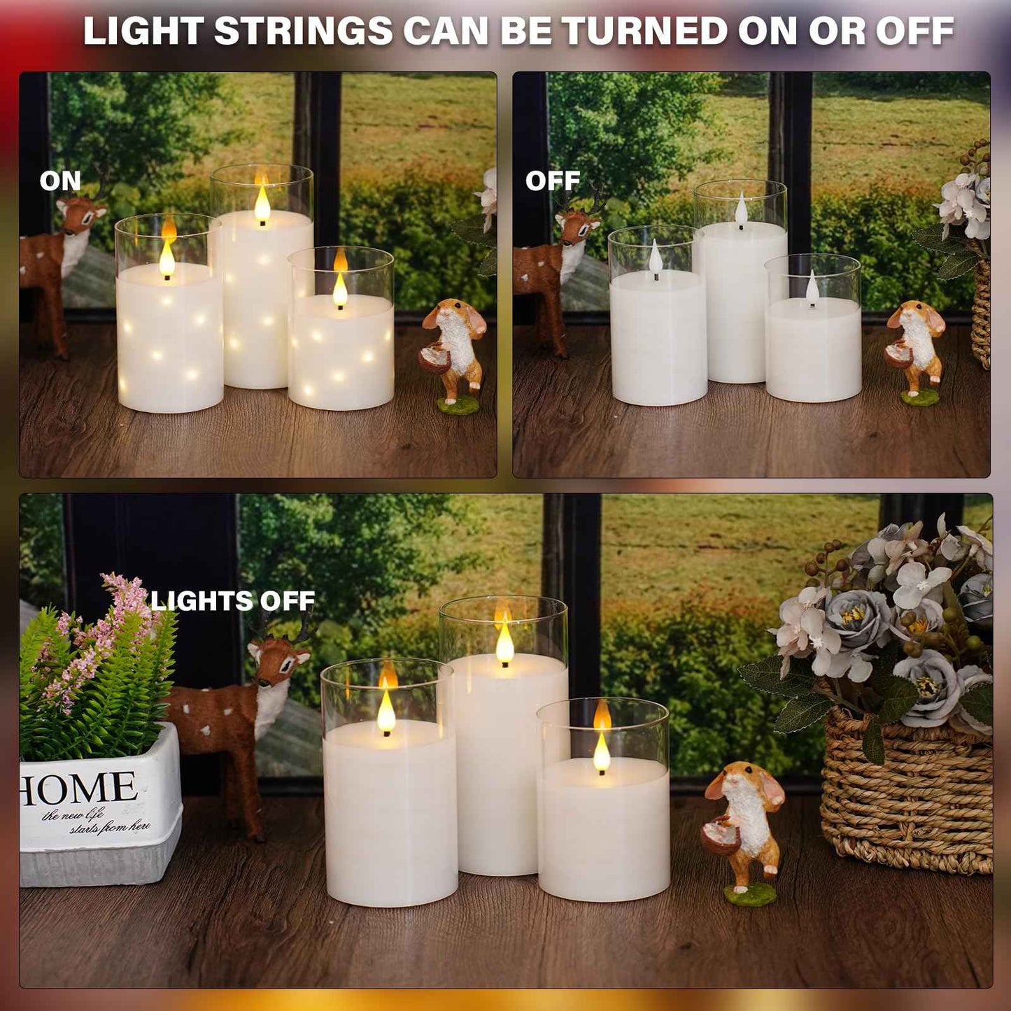 Nimiko Real Wax Flameless Candles Glass,Battery Operated LED Candles with Flickering Flame,Glass Shell,Interior Star Light Decoration Set of 3 White (D3×H 4" 5" 6") for Home Decor,Holiday Decoration