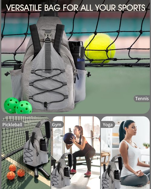 Foresee PickleballBag Men's Women's Pickleball BackpackTennisRacketballSlingBagPaddle BagLarge CapacitySafety Pocket withWaterBottleHolder (gray)