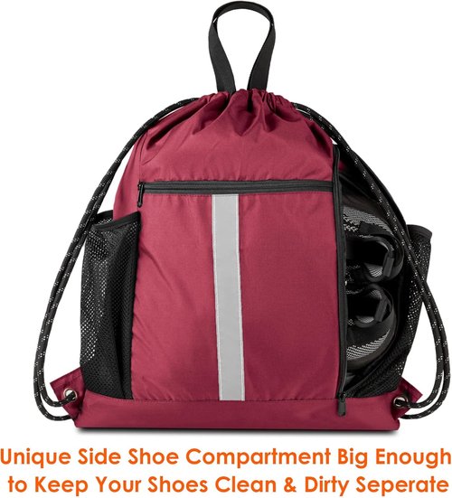 BeeGreen Gym Sack - Heavy Duty Drawstring Bag with Shoe Compartment & 2 Water Bottle Holders | Unisex