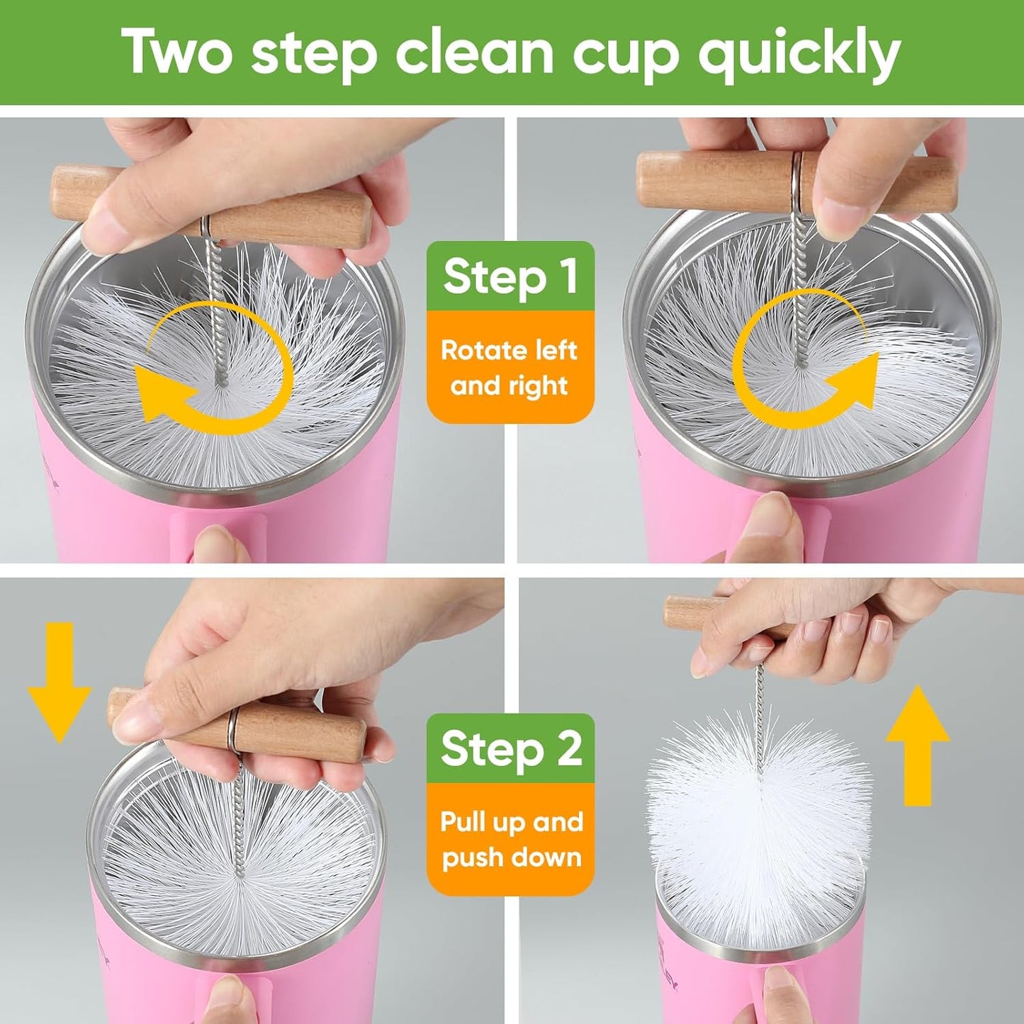 Skiennix 3-Piece Bottle Cleaning Brush Set - Long Wooden Handle for Stanley Cup Tumblers | Includes Lid & Straw Brushes
