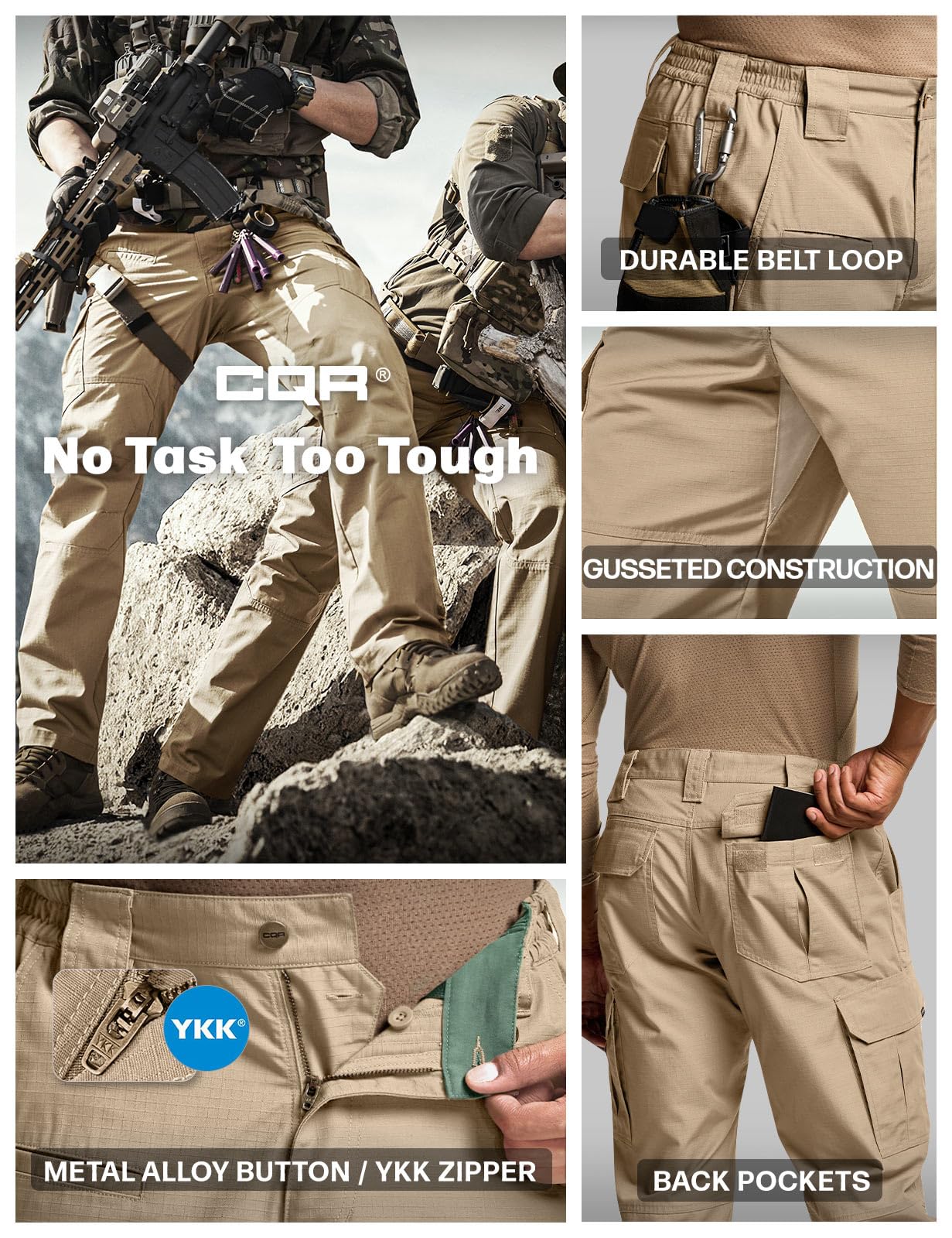 CQR Men's Tactical Pants, Water Resistant Ripstop Cargo Pants, Lightweight EDC Work Hiking Pants, Outdoor Apparel, Raider Khaki, 44W x 30L