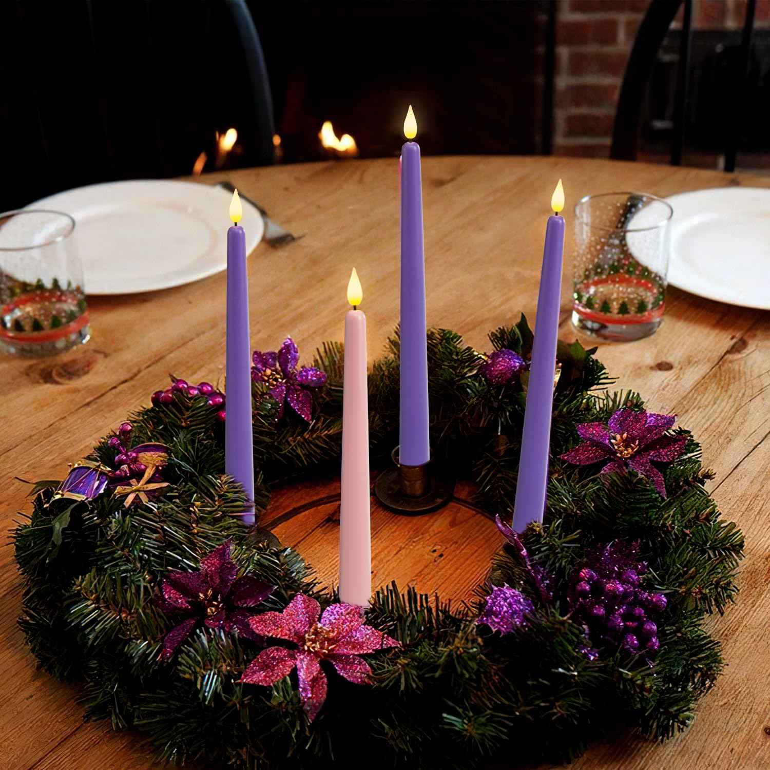 Homemory Battery-Operated LED Flickering Advent Candles, Set of 4 with Remote Timer - For Christmas Wreath