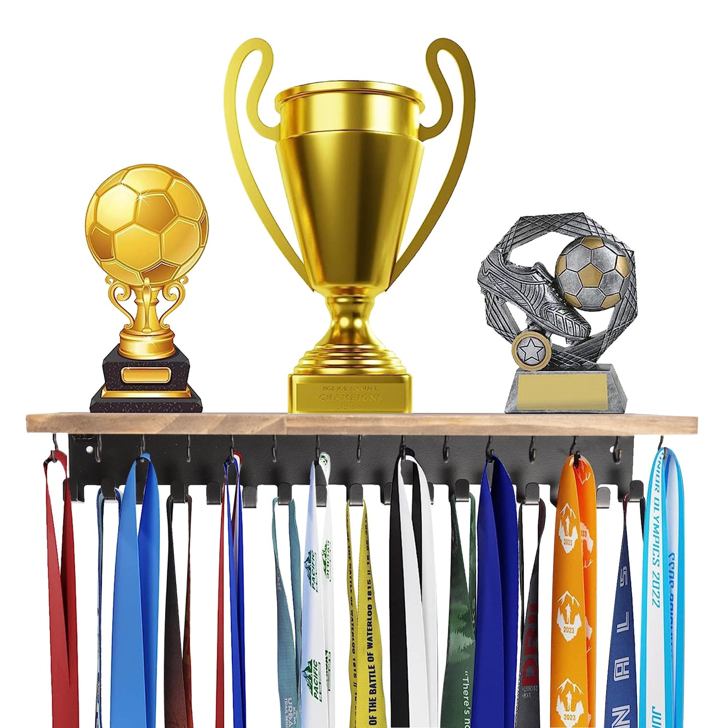 Defined Deco Medal Hanger Display and Trophy Shelf with 32 Hooks-Wooden Medal Holder for Wall Mount Ribbon Display,Soccer, Running Race Medals Awards Rack.