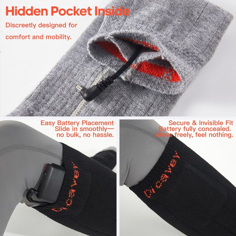 Heated Socks for Men & Women, Rechargeable Electric Thermal Socks with 5000mAh Curved Battery, 4 Heat Levels, Washable, Warm Winter Foot Warmers for Skiing, Hiking, Hunting, Outdoor Work (Black)