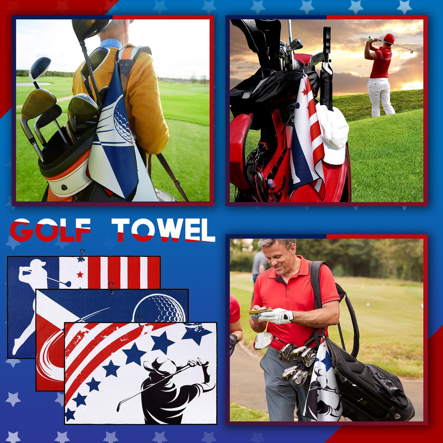 Mixweer 3 Pcs Microfiber Golf Towels - American Flag Sports Towel with Clip, 24 x 16 Inch