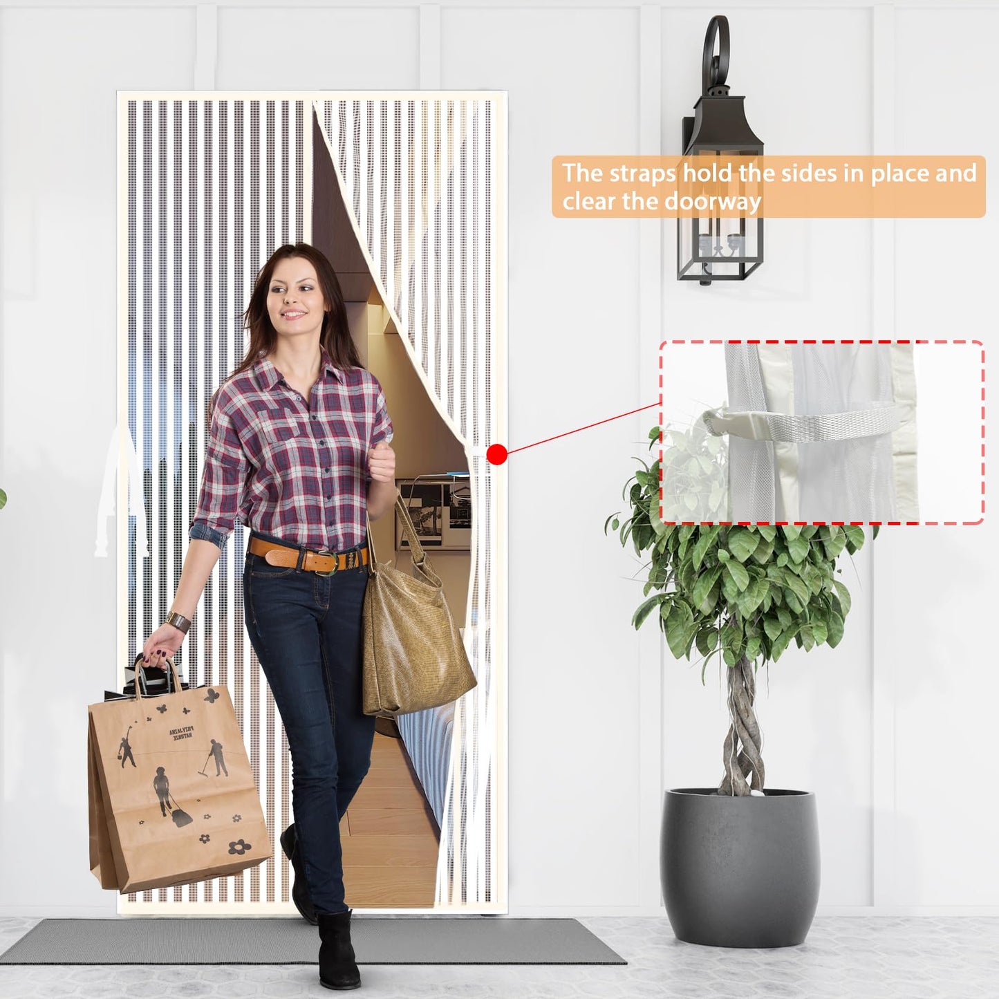 YRH Magnetic Fly Screen Door with Stay Open Buckles - Heavy Duty Self-Sealing Mesh,Powerful Magnets,Full Frame Magic Tape (Fit for Door Size:32x78 Inch,Screen Itself Size:34x80 Inch, White)