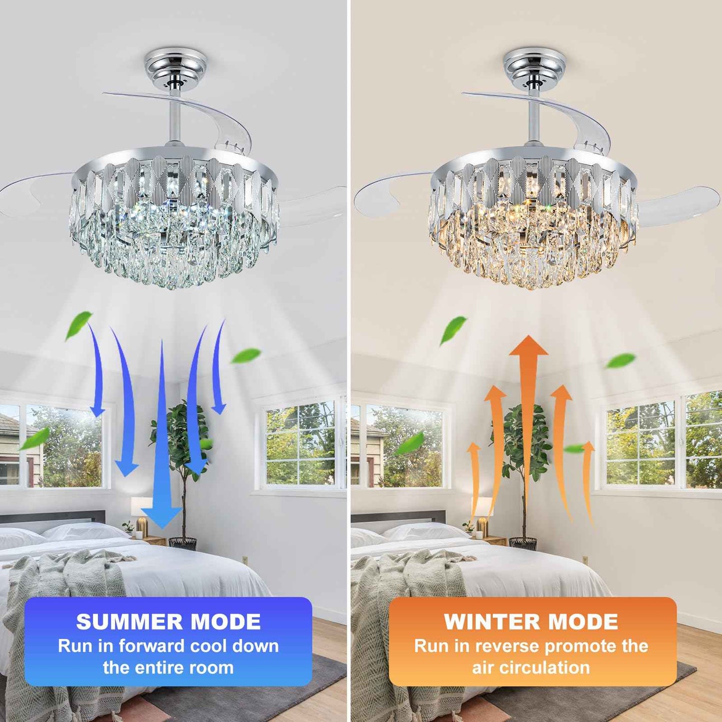 illus illumination 36in Fandelier Ceiling Fans with Light, Modern Crystal Chandelier Ceiling Fans, Remote & APP Control, Retractable Reversible 3 CCT LED Dimmable for Living Room Bedroom (Silver)