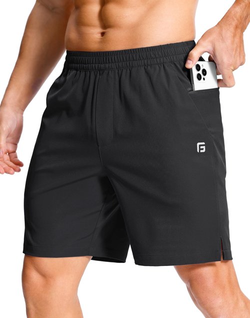 GGJ Men's Lightweight Athletic Shorts with 2 Zipper Pockets 7" Gym Workout Running Quick Dry Tennis Basketball Shorts for Men Black L