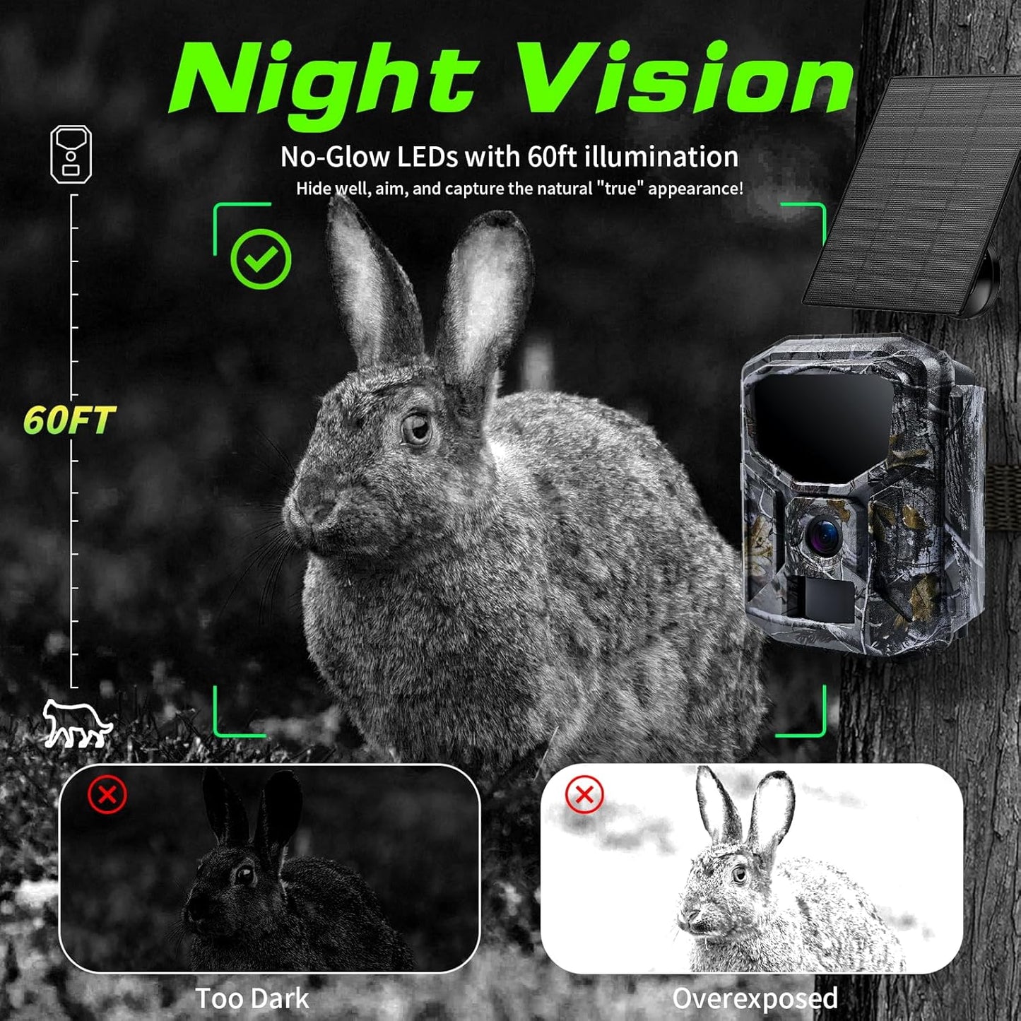Trail Camera - Solar Powered 4K 60MP WiFi Game Camera with 0.1s Trigger & 65FT Detection | IP66 Waterproof