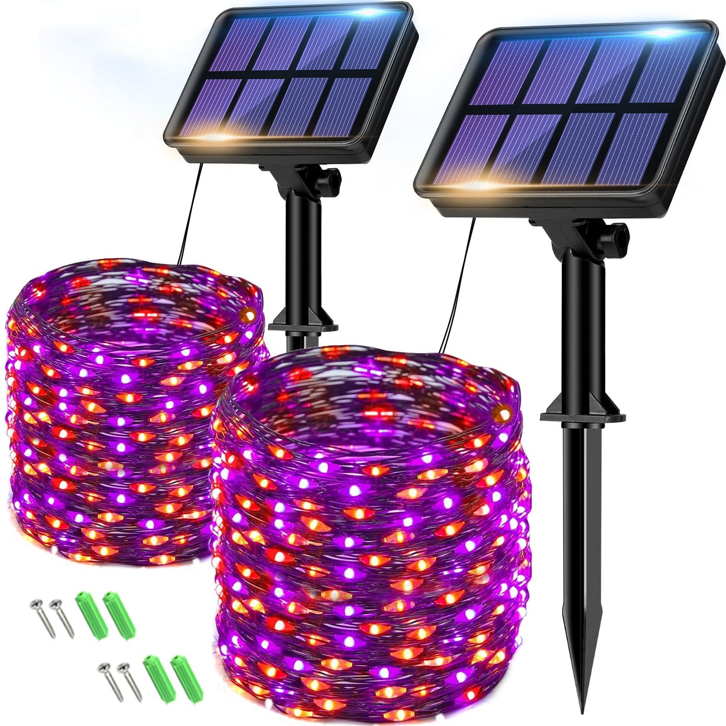 btfarm 2 Pack Solar Halloween String Lights Outdoor, Orange Purple 160LED 66FT Solar Fairy Lights Outside Waterproof, 8 Modes Solar Powered Twinkle Lights for Tree Garden Patio Halloween Decorations
