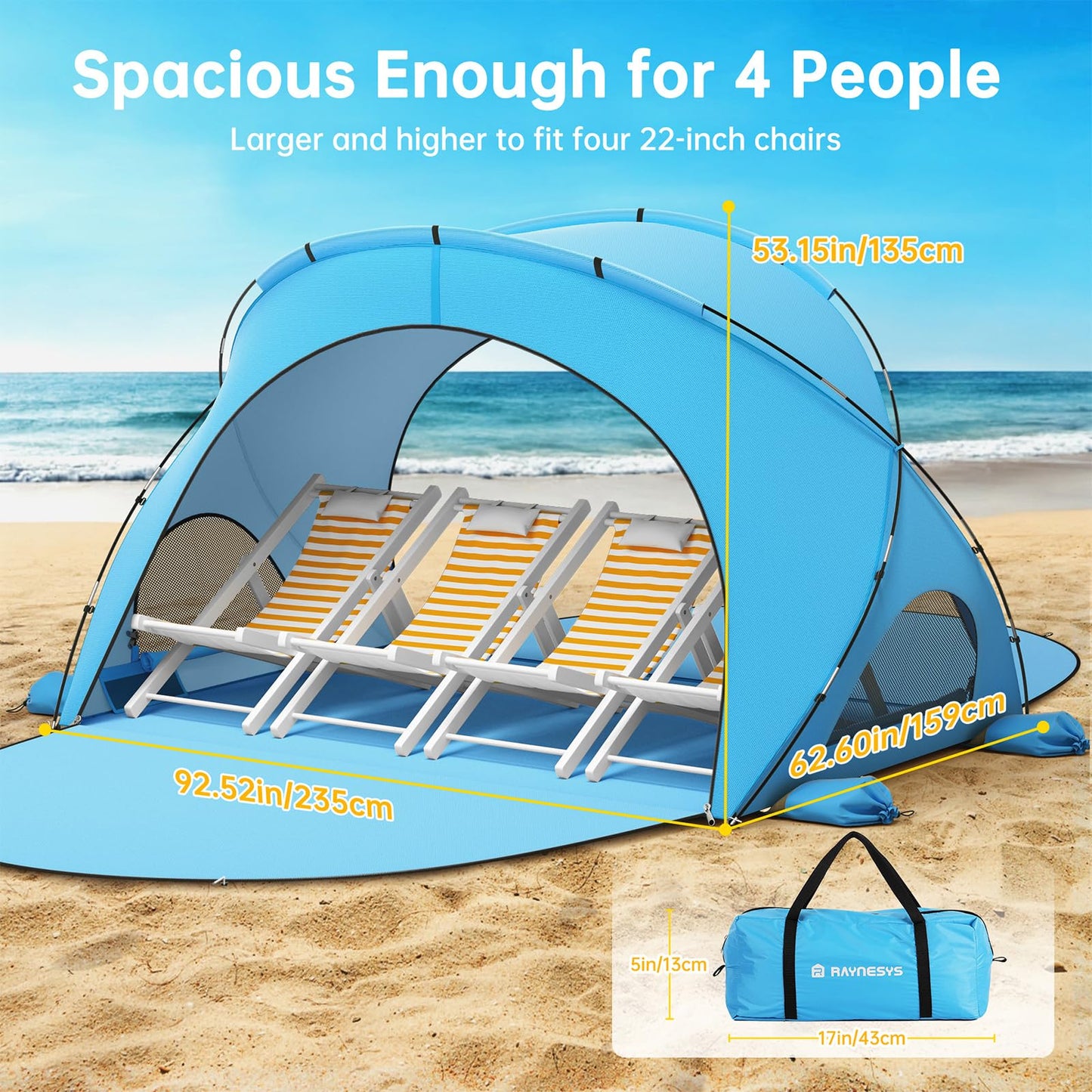 Raynesys Beach Tent Sun Shelter for Sand Camping Fishing, 1-4 Person, Blue