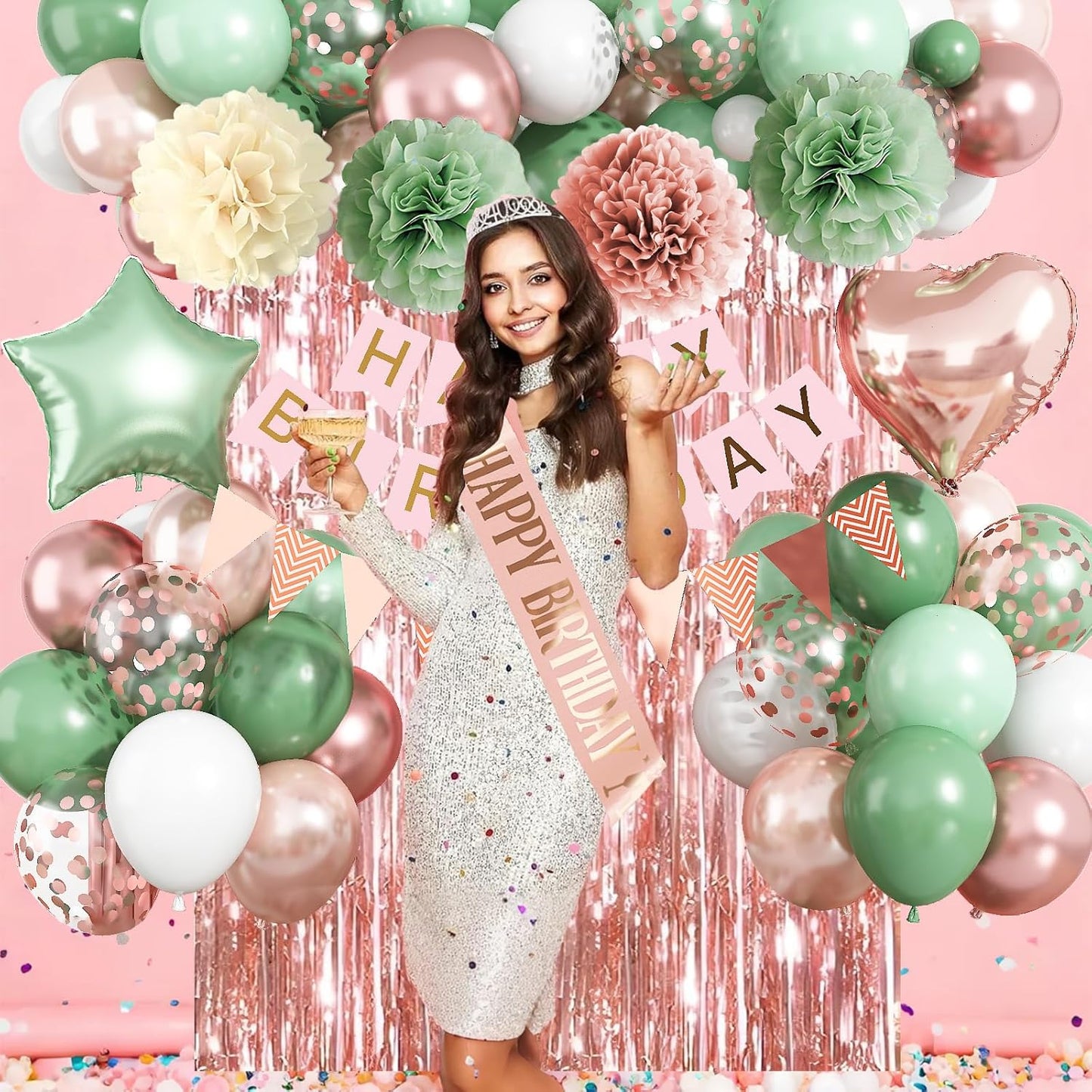Regine Switzerland Birthday Decorations - Retro Rose Gold & Sage Green Party Décor | Foil Balloons, Happy Birthday Banner & Cake Topper