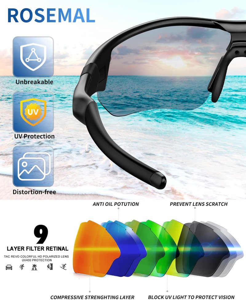 Rosemal Sunglasses Men Polarized Sports UV400 Protection TR90 Frame for Running Cycling Baseball Golf Tennis Hiking Fishing Driving