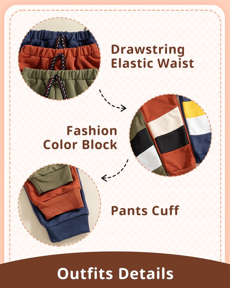 VEGGIEDOT Kids Boy Pants 3 Pack 6T 7T Little Boy Sweatpants Fall Winter Color Block Drawstring Elastic Boys Pants Red Blue Green Jogger Boys Sweatpants