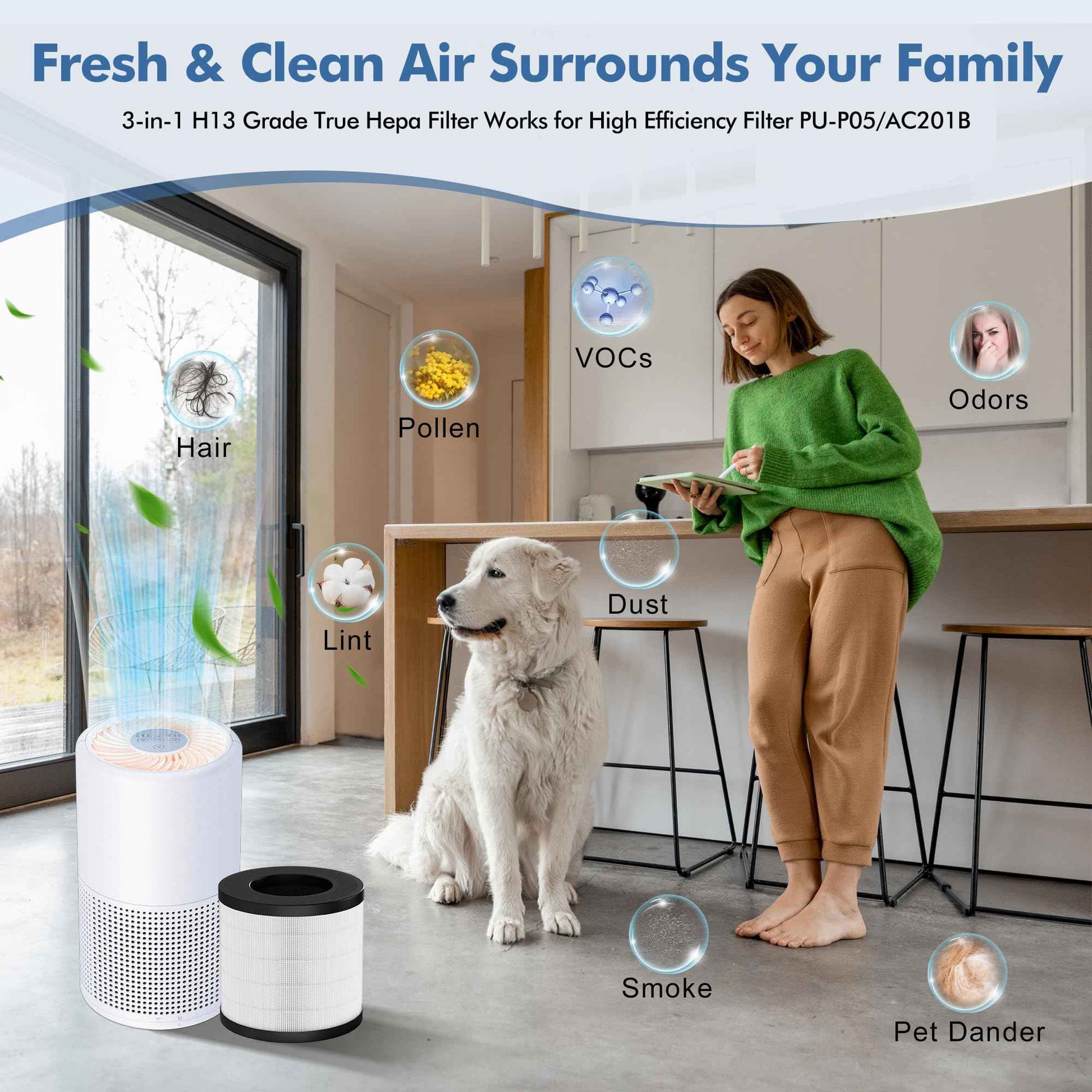 PU-P05/AC201B Replacement Filter Compatible with FULMINARE PU-P05 and Purivortex AC201B Air Purifiers, H13 True HEPA Air Filter for Home Pets Dander Dust Smoke Pollen 2pack
