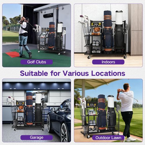 Golf Bag Storage Garage Organizer, Golf Bag Storage Stand and Other Golfing Equipment Accessories Rack, Golf Bag Storage Rack with Wheels, Golf Organizer for Home, Garage, Club, Shed, Basement