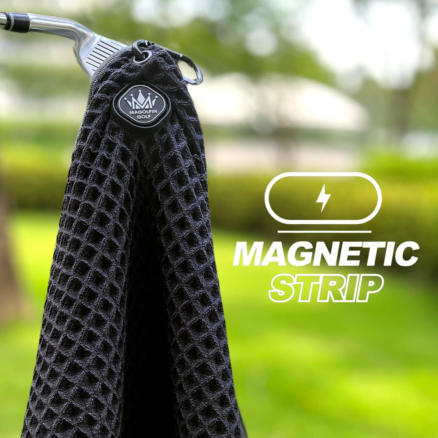 Magnetic Golf Towel with Carabiner Clip, 16"x16" Microfiber Waffle Design - Heavyweight, Soft & Absorbent, Industrial Strength Magnet for Strong Hold to Golf Bags, Carts & Clubs - Black