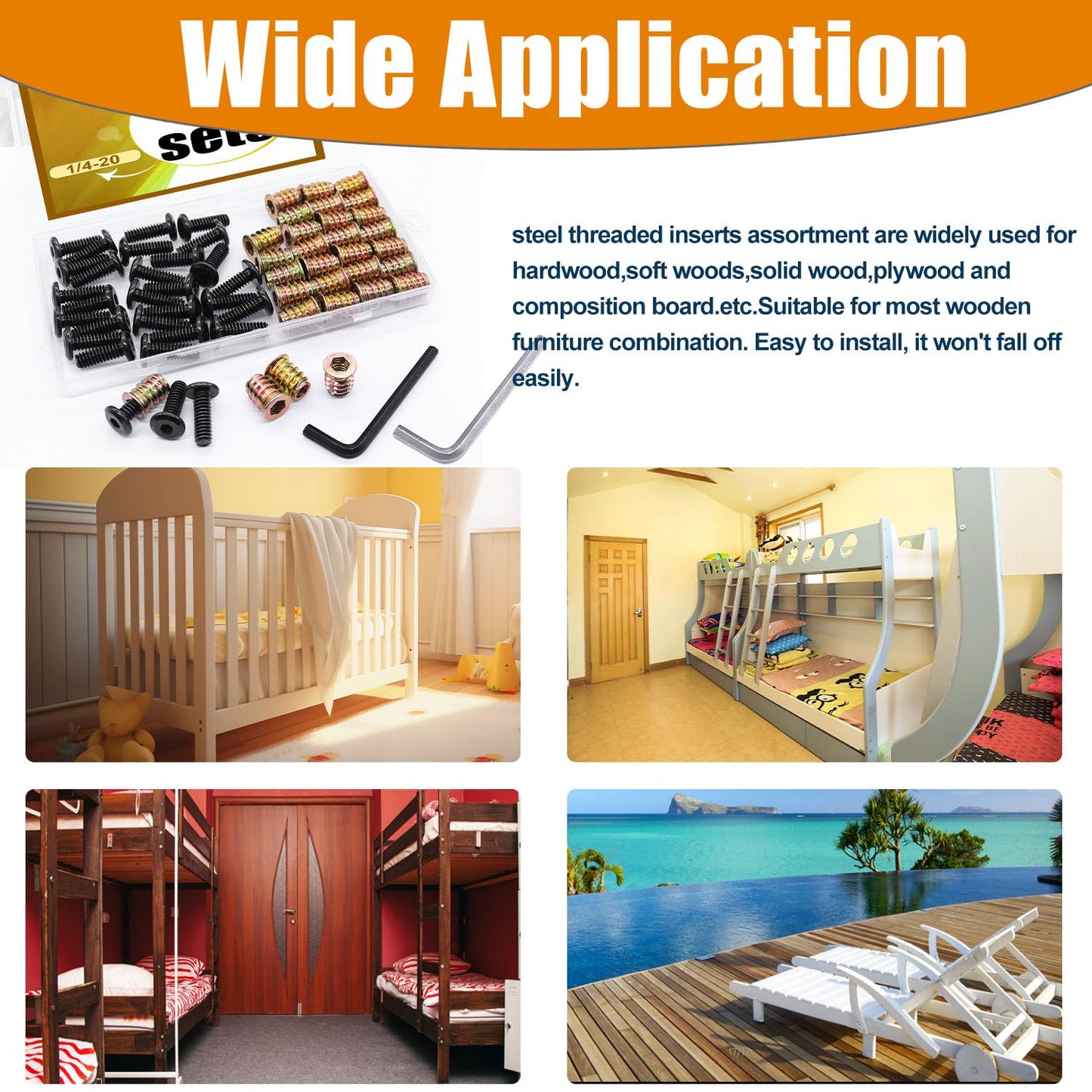 Taiss 30 Sets 1/4-20 x 3/4" Furniture Screw Nut Threaded Inserts for Wood,1/4-20 x 19/32" Nut Threaded Wood Inserts Bolt Fastener Connector Hex Socket Drive Screw-in Nuts with Hex Spanner