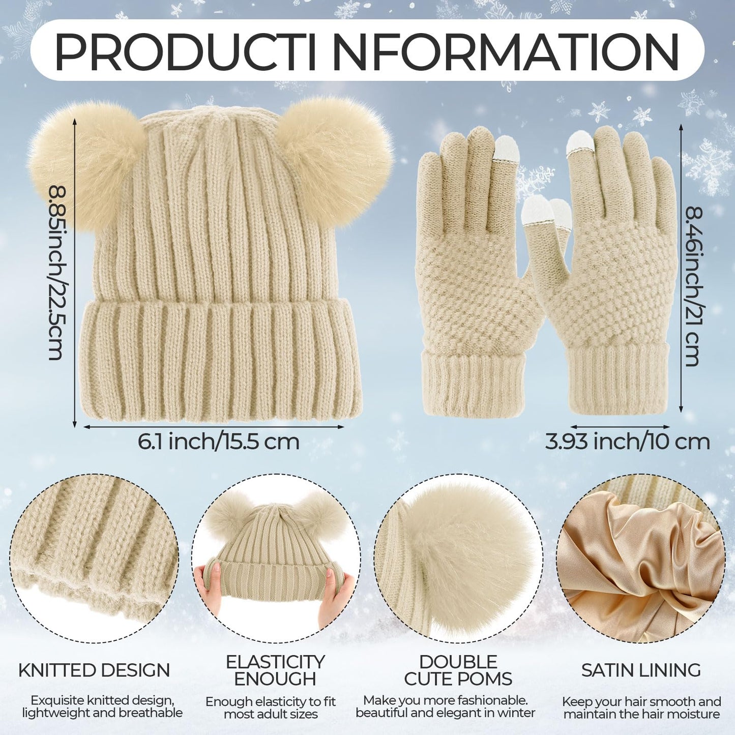 Hicarer 3 Sets Women Winter Warm Set Satin Lined Beanie Hat with Two Pom Poms Touchscreen Gloves for Cold Weather (Black, Gray, Oatmeal)