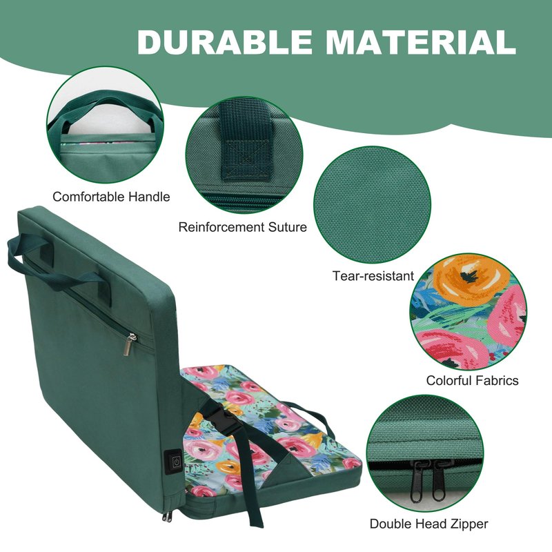 JLDTOP Heated Stadium Seats with Backrest Foldable(No Power Bank), Cushion Pad Portable, Thick Padded with Handle, Ideal for Camping Sporting Events Concerts (Green Floral)