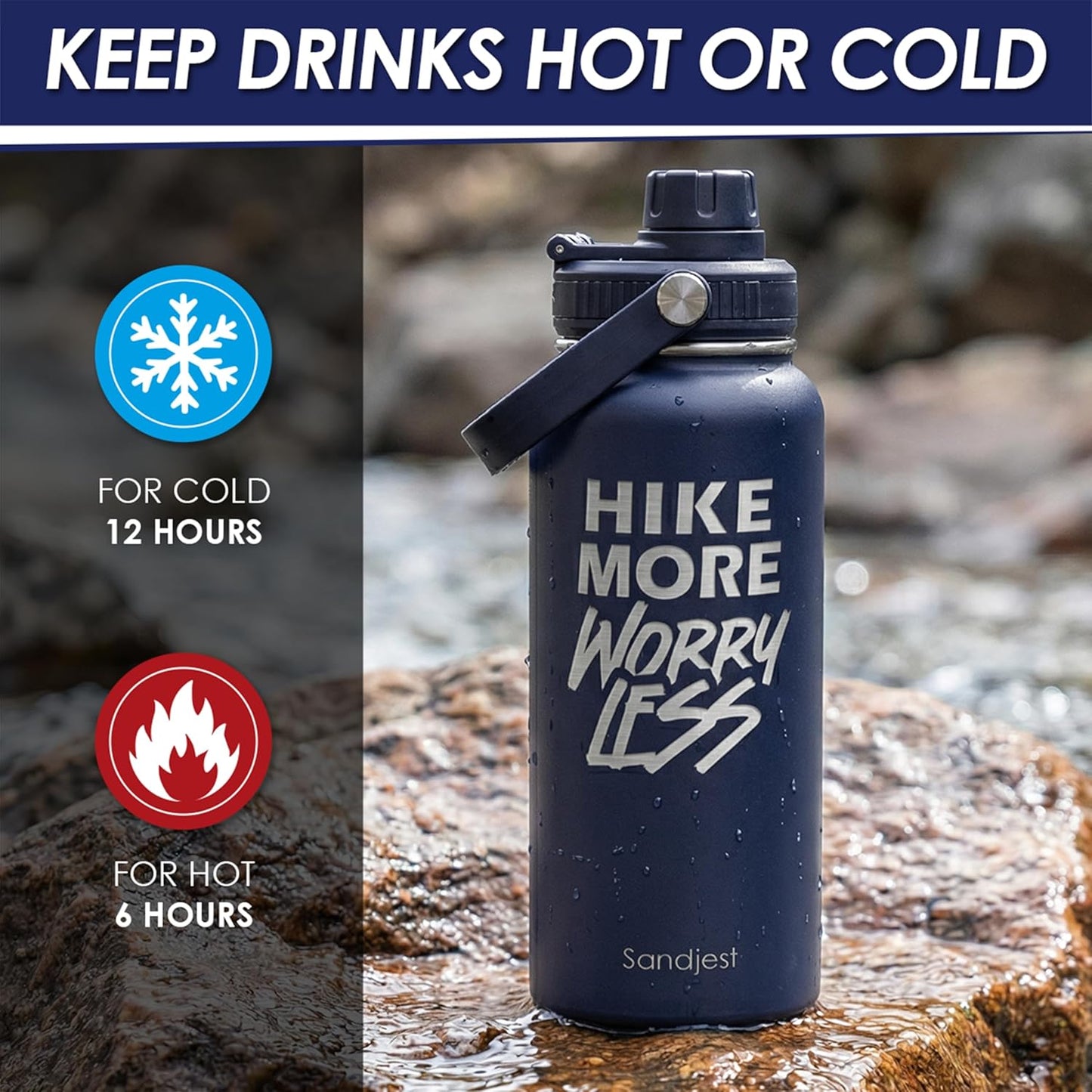 SANDJEST Insulated Stainless Steel Water Bottle - 32oz Vacuum Chug Lid for Hiking | Perfect Gift for Outdoor Enthusiasts