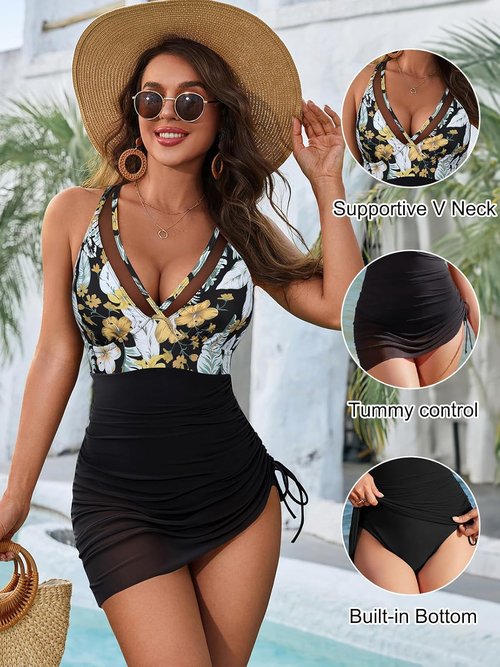 Blooming Jelly One-Piece Swim Dress - Tummy Control & Slimming Mesh Sheer Wrap - Stylish Bathing Suit