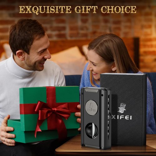 XIFEI Cigar Torch Lighter, 5-in-1 Refillable Butane Lighter with Cigar Cutter V Cut, Cigar Punch, Cigar Draw Enhancer, Cigar Holder, Multifunctional Windproof Lighters Triple Jet Flame (Black)