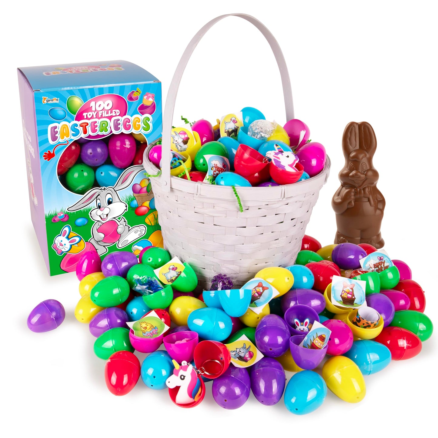 Giraffe 100 Pack Prefilled Easter Eggs Bulk - Multi Color Plastic Filled Easter Eggs for Kids with Toy Filled Slap Bracelets, LED Rings, Stickers - Easter Basket Stuffers for Kids